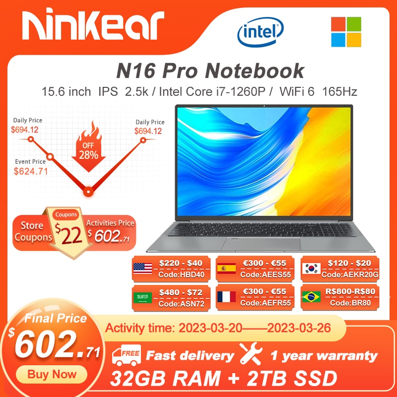 Ninkear N16 Pro Laptop Intel Core i7-1260P WiFi 6 2.5K 165Hz 32GB+2TB SSD Gaming Office Computer Notebook Windows 11 Notebook