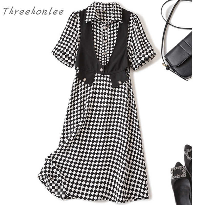 Summer Elegant Women Short Sleeve Dresses Office Ladies Plaid Patchwork Fake Two Pieces Dresses For Women Vestidos